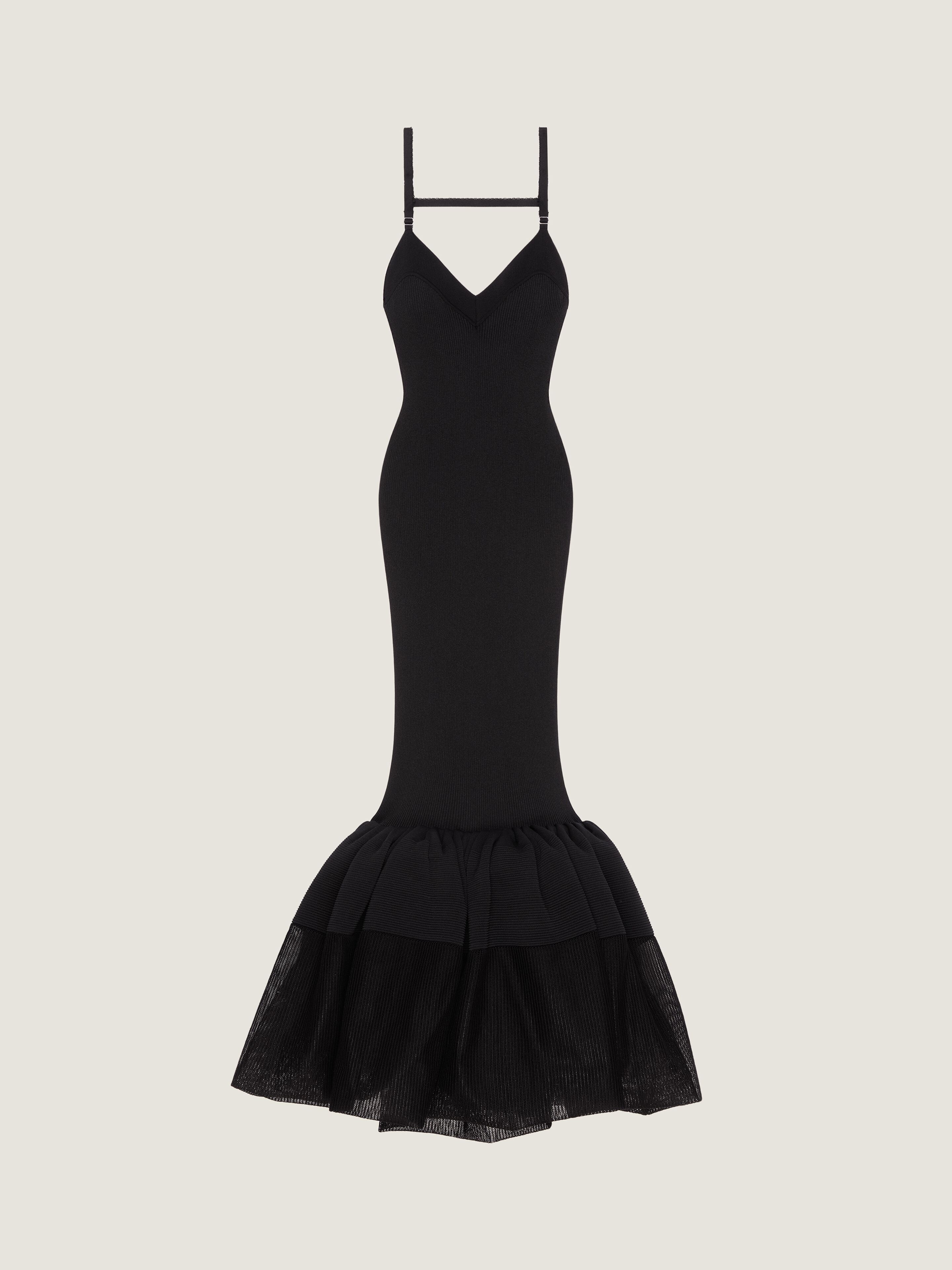 Open back ruffled dress in fine rib